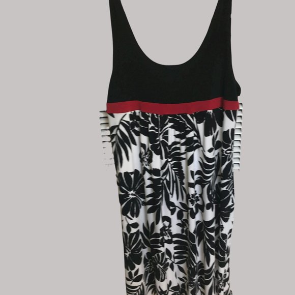 En Focus Women's Empire Sleeveless Minidress Black White Print Red Ribbon Sz 10 - Picture 3 of 9